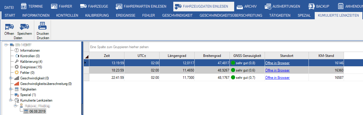 GNSS: Anzeige kumulierter Fahrzeiten, Standortprofile incl. Geo-Positionen und Anzeige des Standorts in einer externen Karte