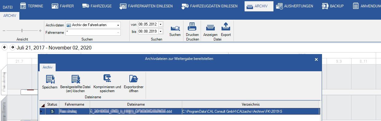 Export: Dateiexport im Standard EU-Format (.ddd) für behördliche Kontrollen, Exportfunktion in Excel, Word und PDF