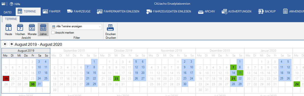 Termine verwalten: Fahrerkarten, Fahrzeuge, Unternehmenskarte, Kalibrierung