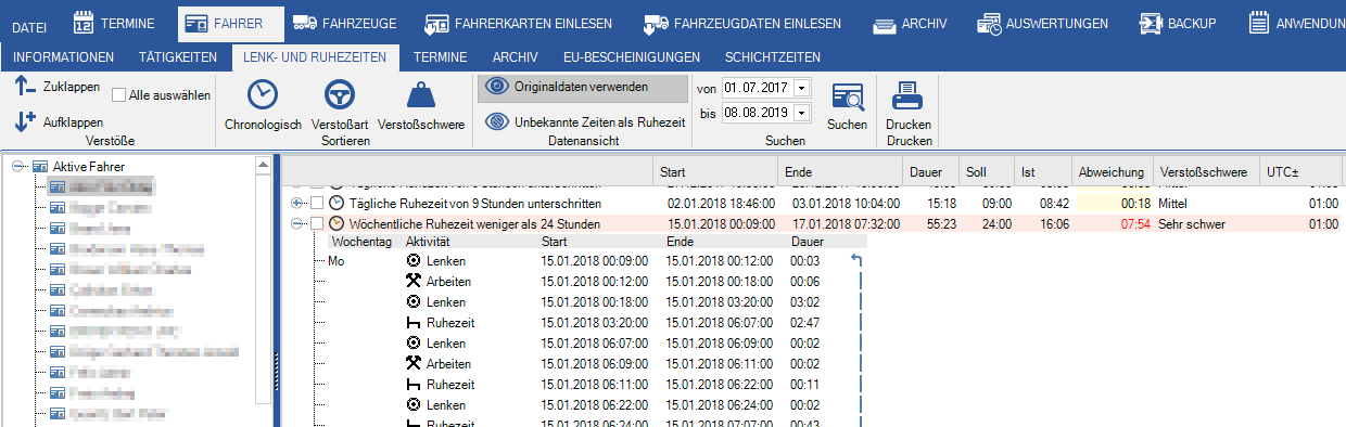 Verstoß: Darstellung der Verstöße in den Lenk- und Ruhezeiten